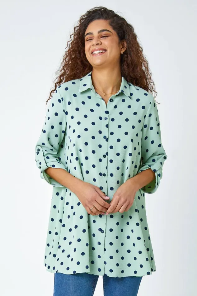 Polka Dot Longline Swing Shirt Women Roman Tops