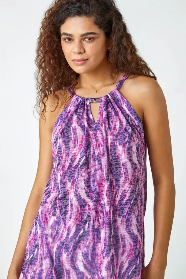 Purple Abstract Print Halter Neck Top Women Roman Tops