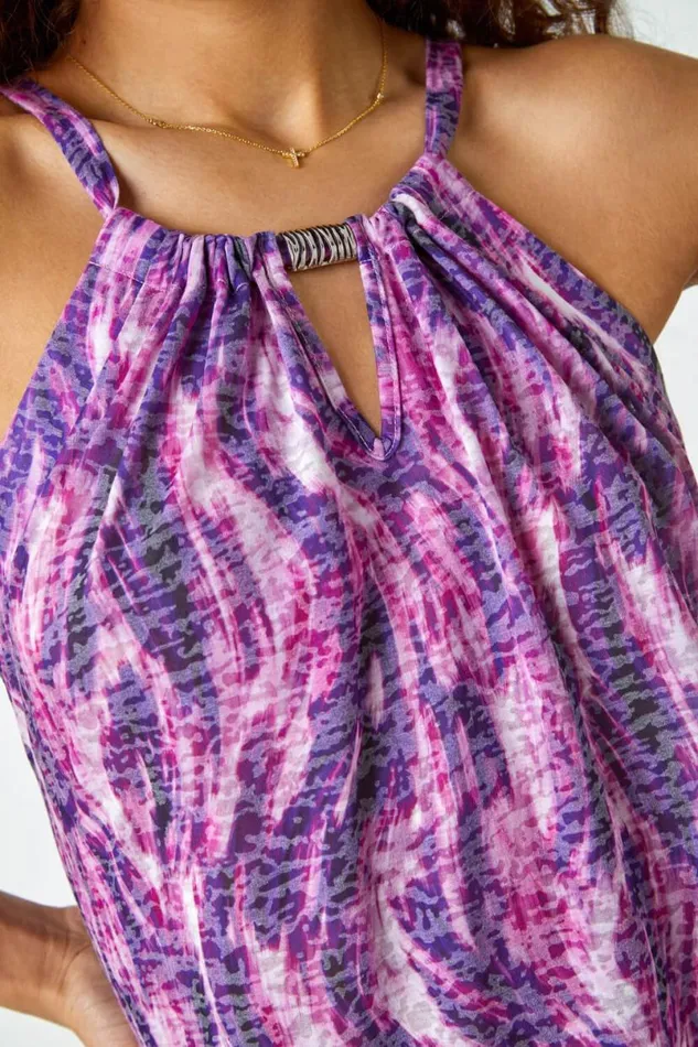 Purple Abstract Print Halter Neck Top Women Roman Tops