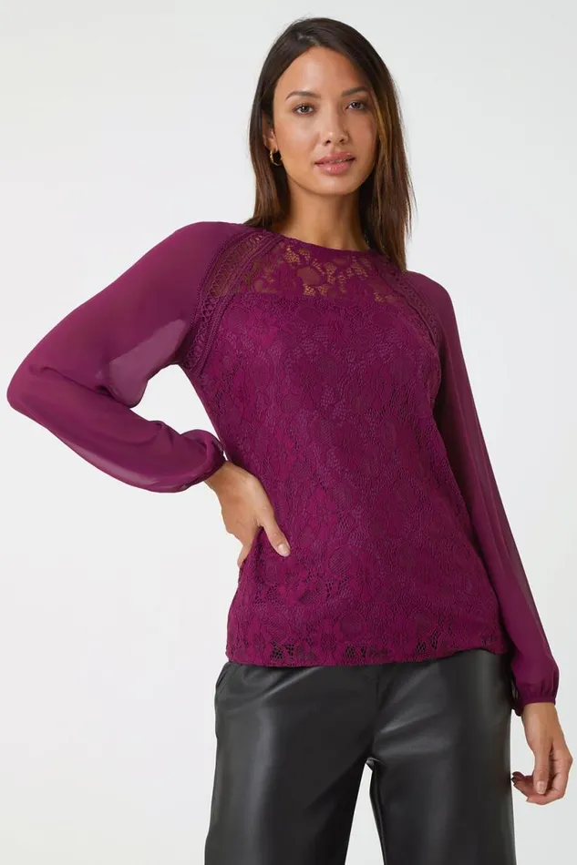 Purple Lace Detail Chiffon Sleeve Stretch Top Women Roman Tops