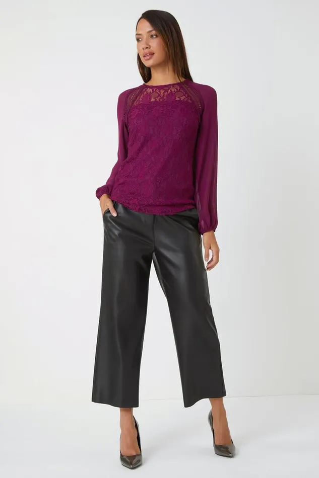 Purple Lace Detail Chiffon Sleeve Stretch Top Women Roman Tops