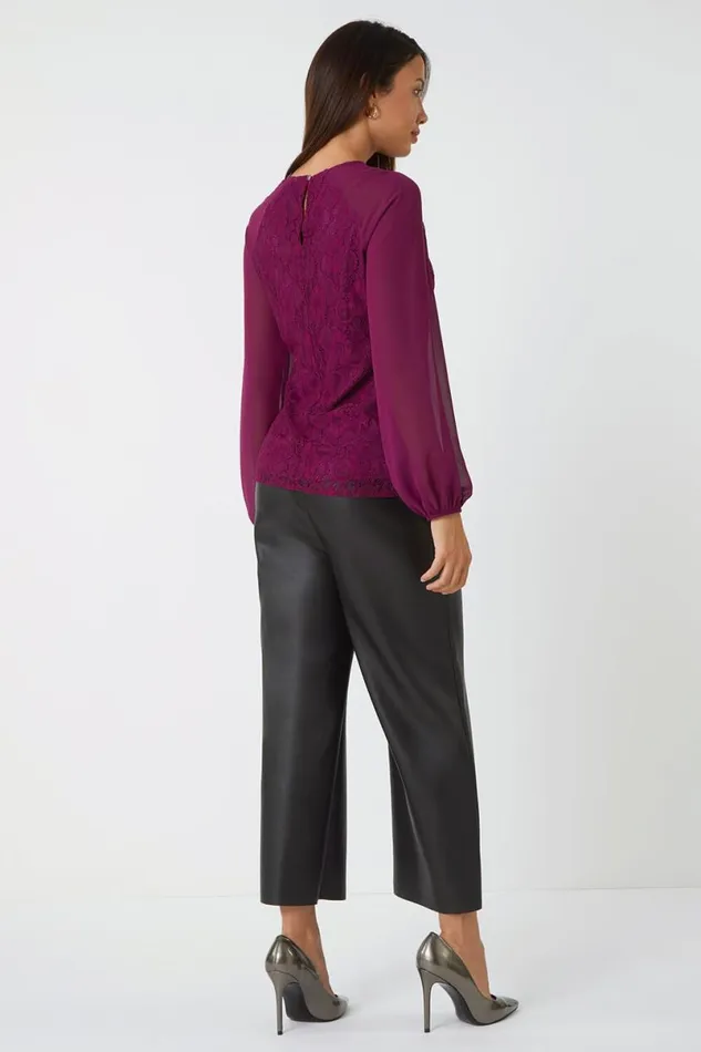 Purple Lace Detail Chiffon Sleeve Stretch Top Women Roman Tops