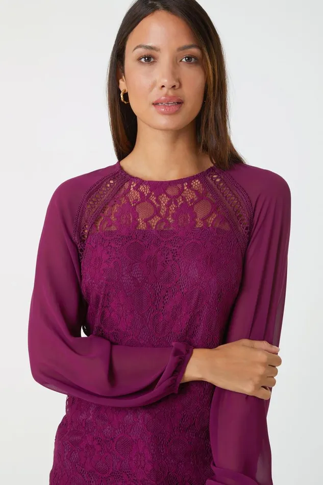 Purple Lace Detail Chiffon Sleeve Stretch Top Women Roman Tops