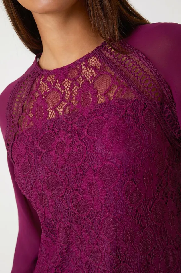Purple Lace Detail Chiffon Sleeve Stretch Top Women Roman Tops