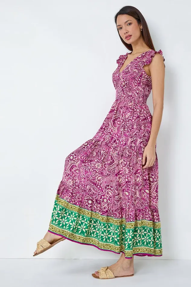Purple Paisley Frilled Border Print Maxi Dress Women Roman Dresses