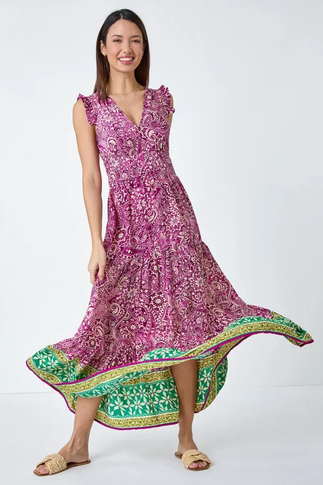Purple Paisley Frilled Border Print Maxi Dress Women Roman Dresses