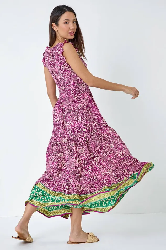 Purple Paisley Frilled Border Print Maxi Dress Women Roman Dresses