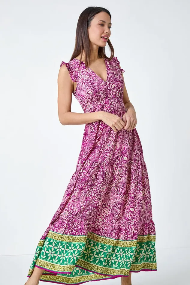 Purple Paisley Frilled Border Print Maxi Dress Women Roman Dresses