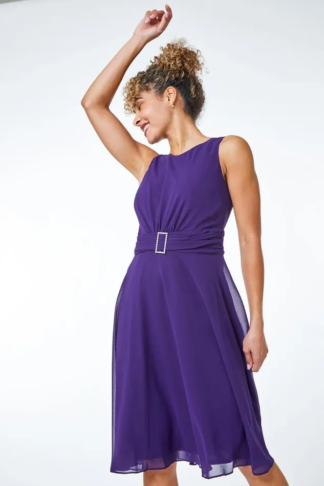 Purple Petite Diamante Buckle Dress Women Roman Dresses