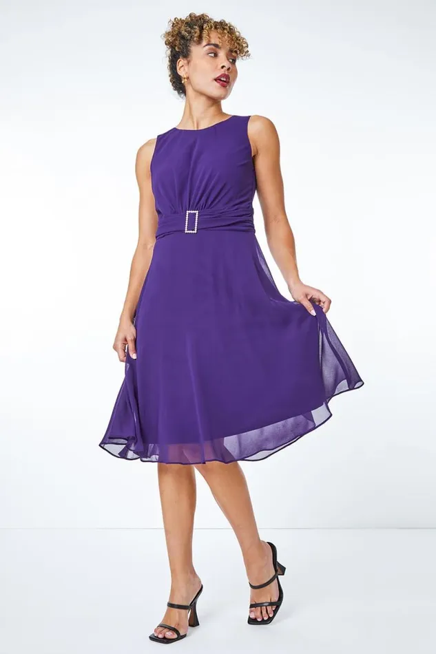 Purple Petite Diamante Buckle Dress Women Roman Dresses