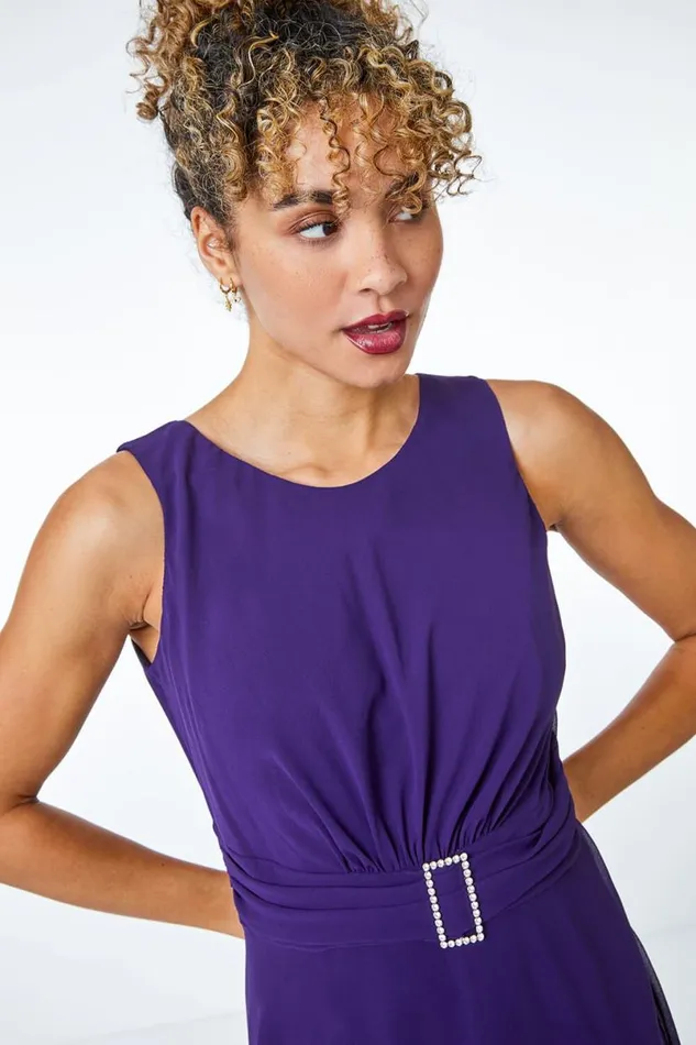 Purple Petite Diamante Buckle Dress Women Roman Dresses