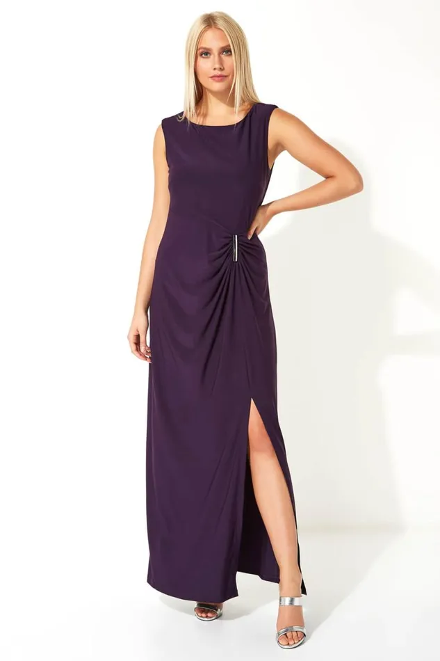Purple Ruched Metal Bar Trim Maxi Dress Women Roman Dresses