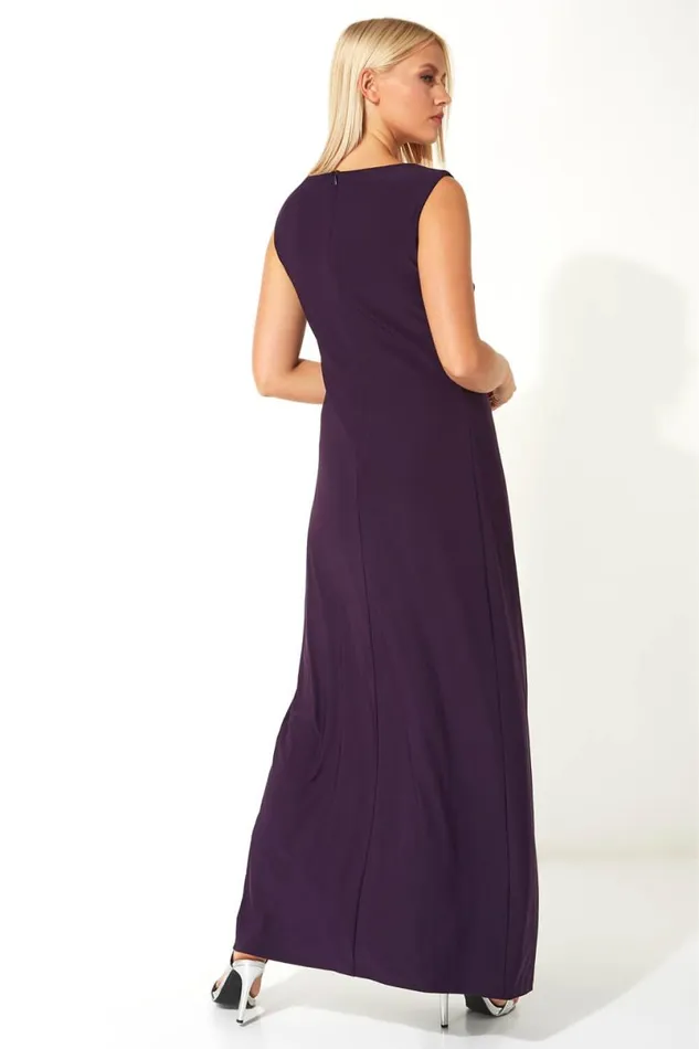 Purple Ruched Metal Bar Trim Maxi Dress Women Roman Dresses