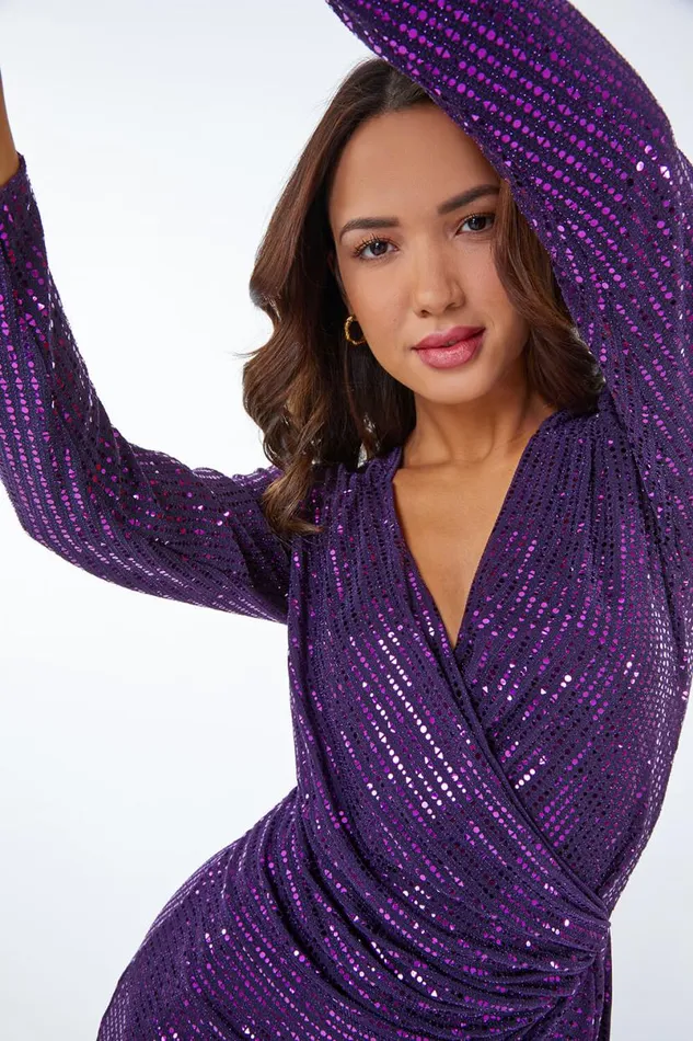 Purple Sparkle Embellished Wrap Dress Women Roman Dresses