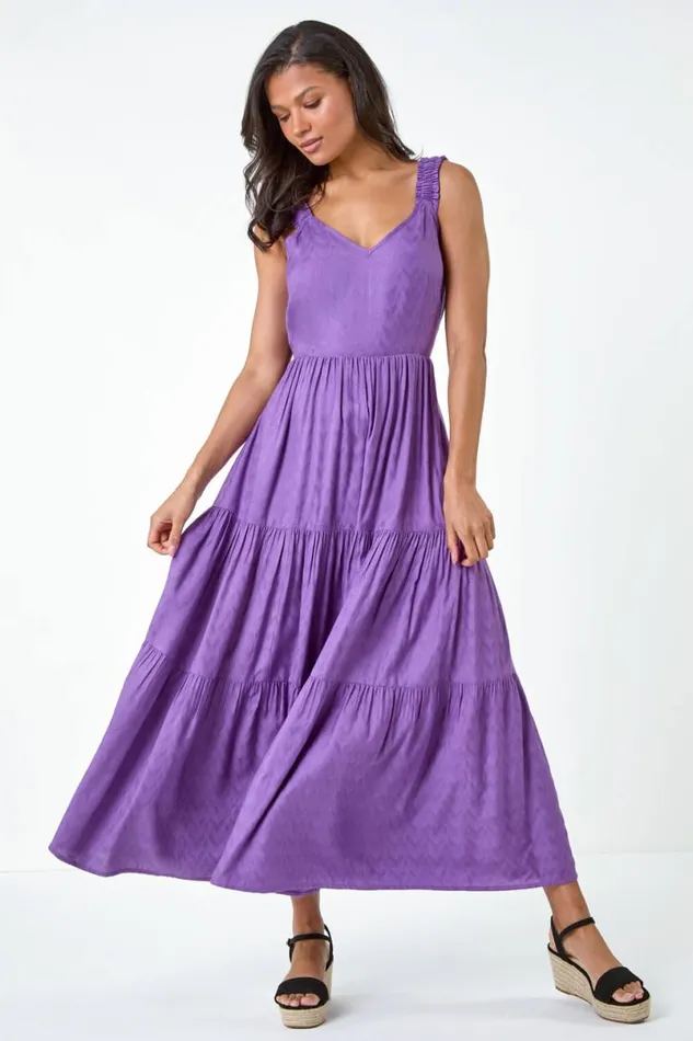 Purple Textured Tie Back Tiered Maxi Dress Women Roman Dresses