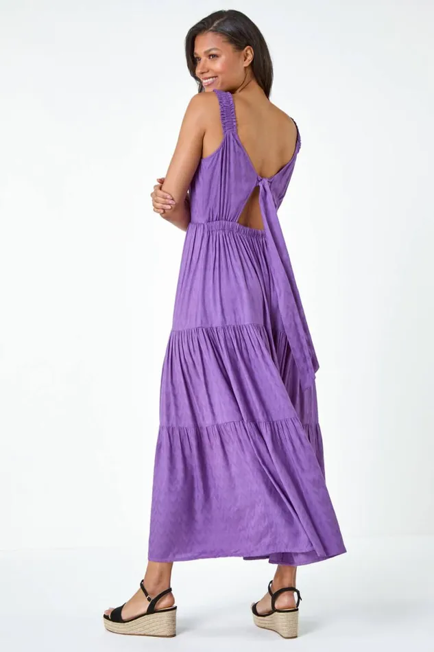 Purple Textured Tie Back Tiered Maxi Dress Women Roman Dresses