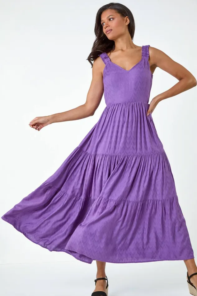 Purple Textured Tie Back Tiered Maxi Dress Women Roman Dresses