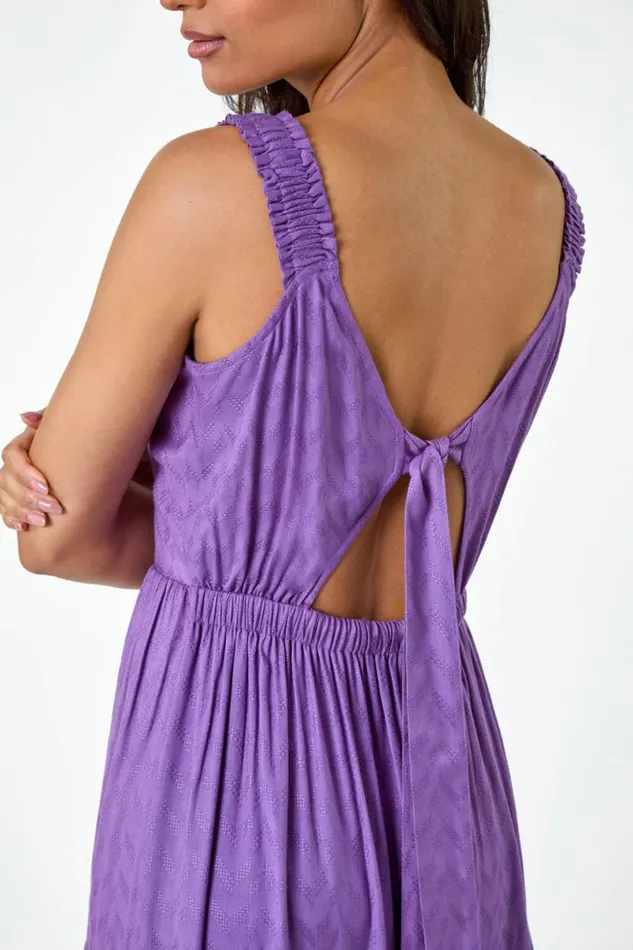 Purple Textured Tie Back Tiered Maxi Dress Women Roman Dresses