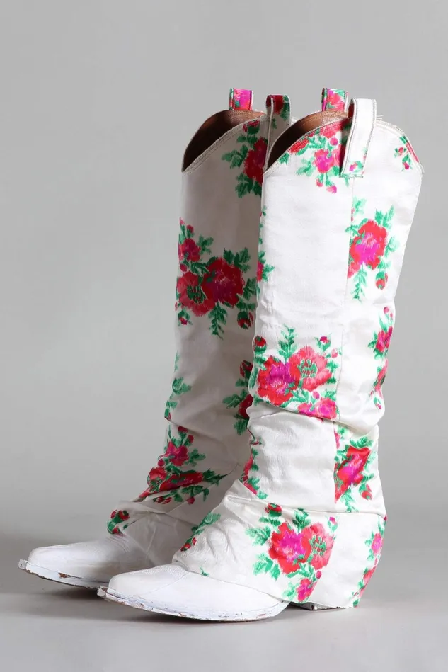 R13 Cowboy Boots Women Mid Cowboy Boot With Sleeve 8211 Red Rose On Ecru