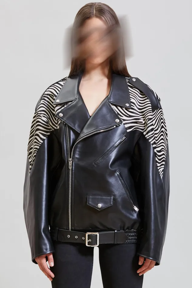 R13 Jackets and Coats Women Oversized Motorcycle Jacket 8211 Black With Zebra
