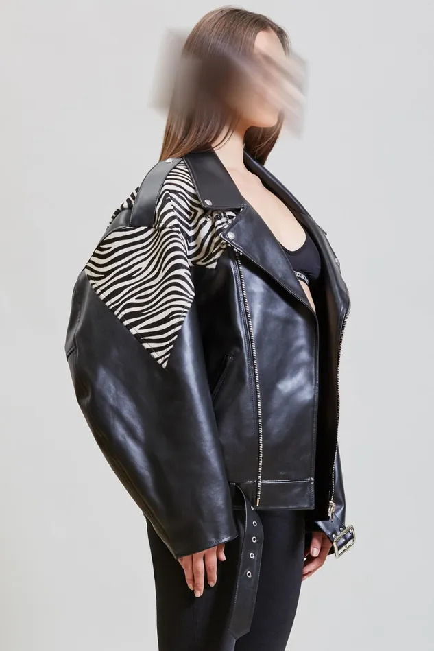R13 Jackets and Coats Women Oversized Motorcycle Jacket 8211 Black With Zebra