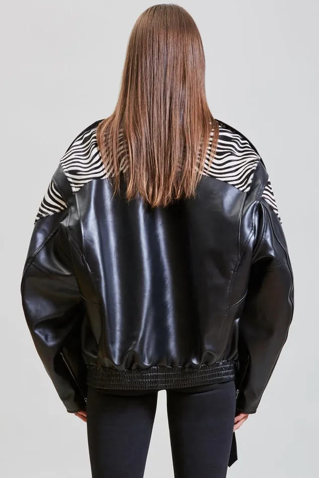 R13 Jackets and Coats Women Oversized Motorcycle Jacket 8211 Black With Zebra