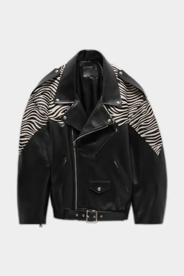 R13 Jackets and Coats Women Oversized Motorcycle Jacket 8211 Black With Zebra