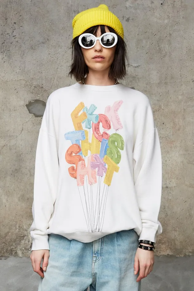 R13 Sweatshirts Women FCk This ShT Oversized Crewneck 8211 Ecru