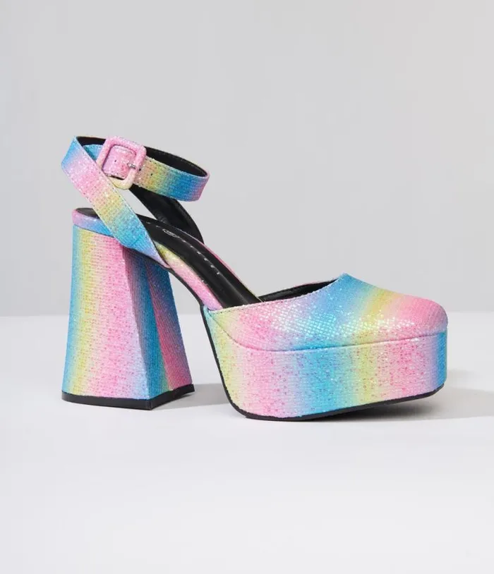Rainbow Glitter Chunky Platform Heels Shoes Unique Vintage Heels