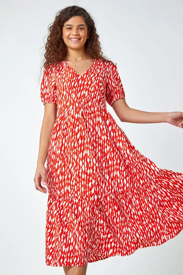Red Abstract Frill Hem Midi Dress Women Roman Dresses
