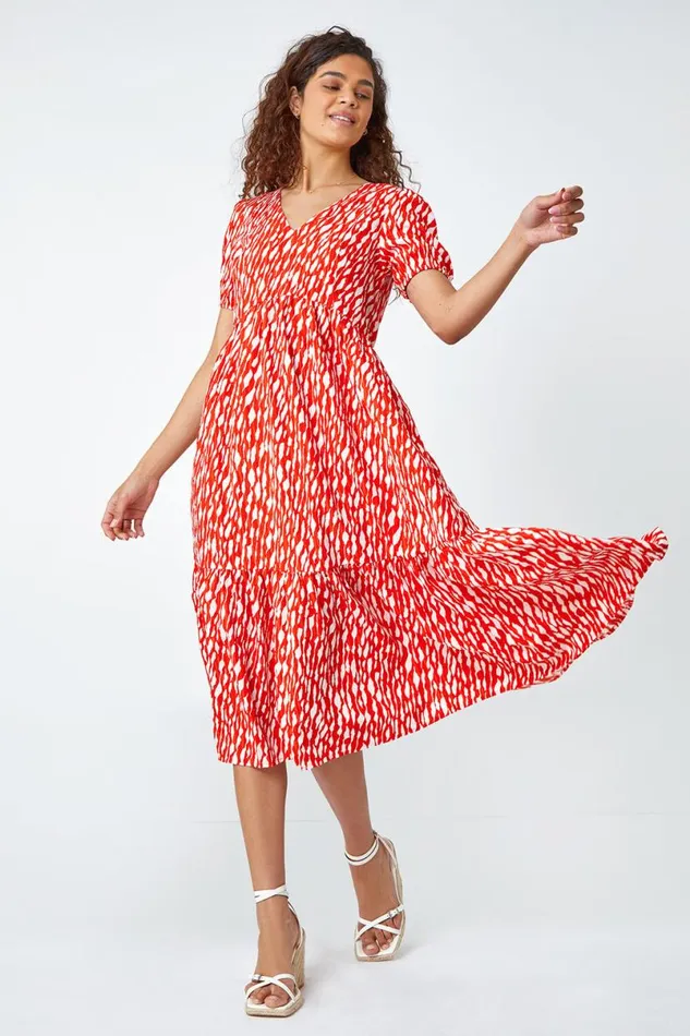Red Abstract Frill Hem Midi Dress Women Roman Dresses