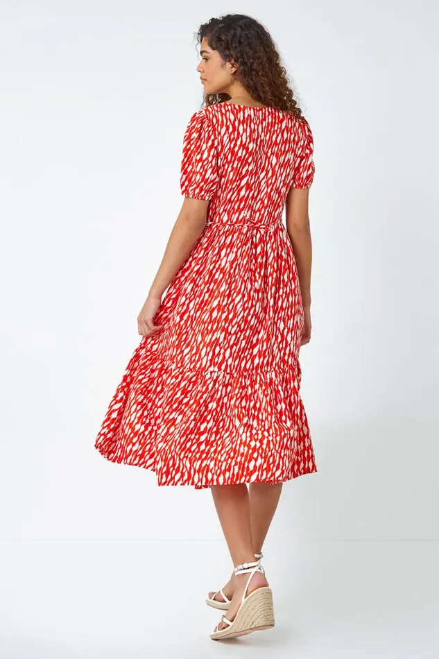 Red Abstract Frill Hem Midi Dress Women Roman Dresses