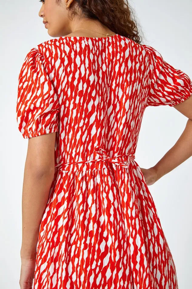Red Abstract Frill Hem Midi Dress Women Roman Dresses