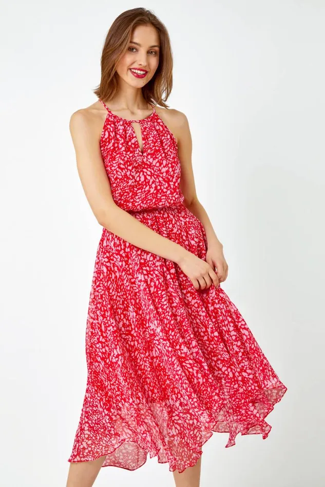 Red Abstract Print Halter Neck Midi Dress Women Roman Dresses