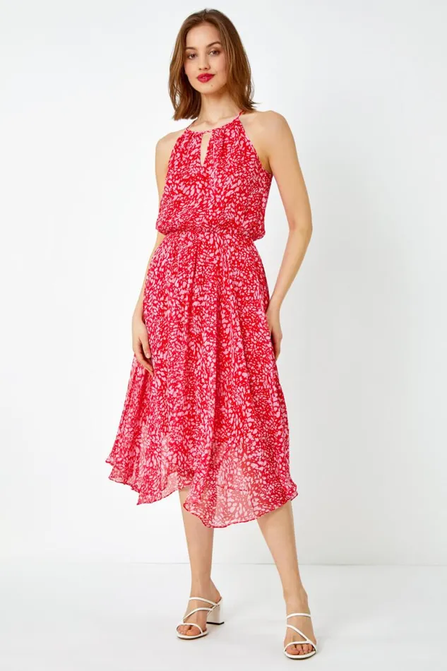 Red Abstract Print Halter Neck Midi Dress Women Roman Dresses
