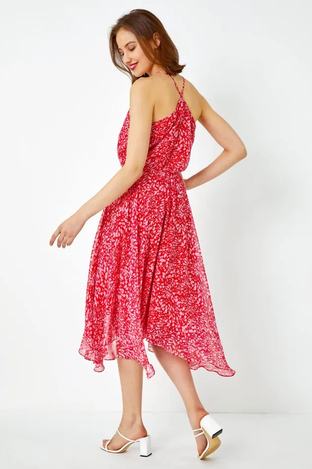 Red Abstract Print Halter Neck Midi Dress Women Roman Dresses