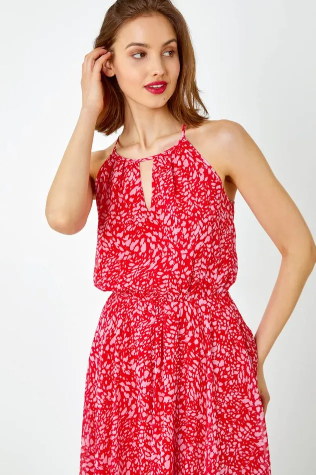 Red Abstract Print Halter Neck Midi Dress Women Roman Dresses