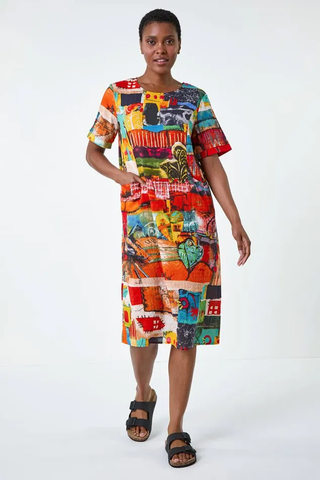 Red Abstract Print Pocket Shift Dress Women Roman Dresses