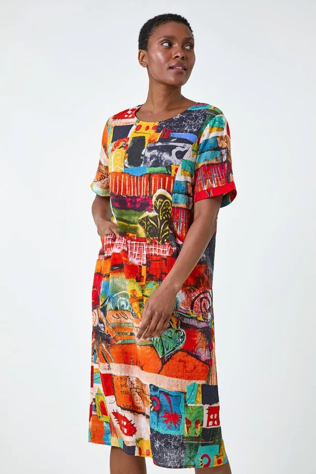 Red Abstract Print Pocket Shift Dress Women Roman Dresses