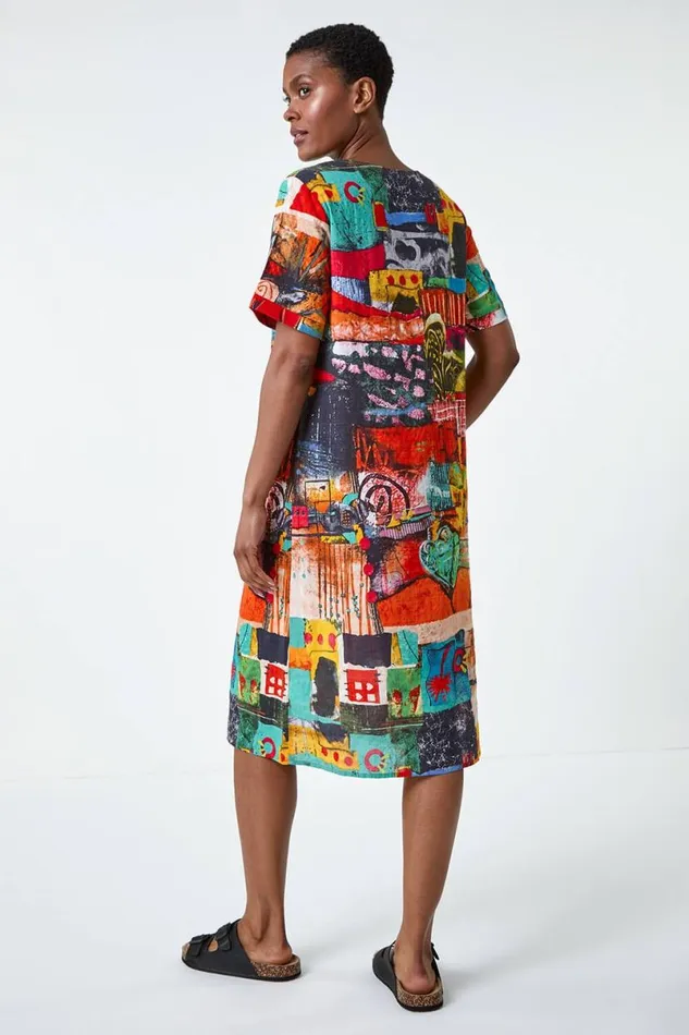 Red Abstract Print Pocket Shift Dress Women Roman Dresses