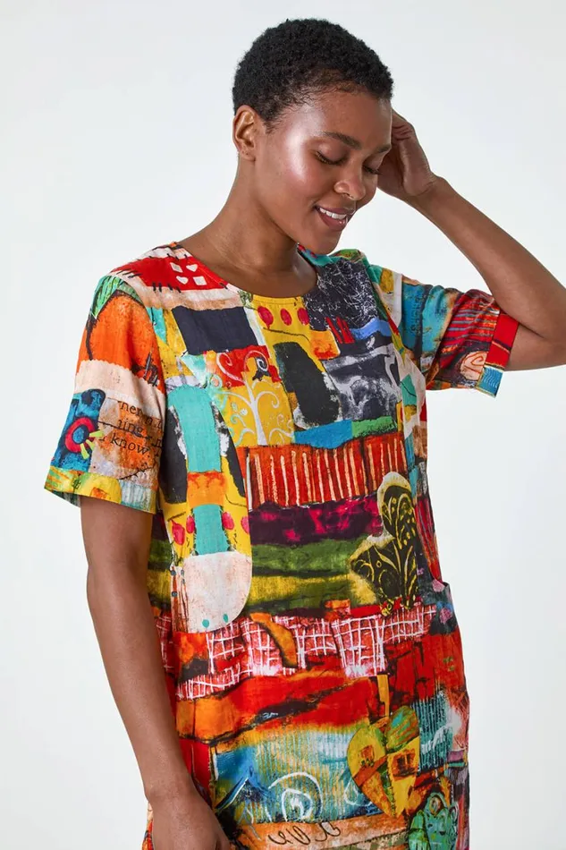 Red Abstract Print Pocket Shift Dress Women Roman Dresses
