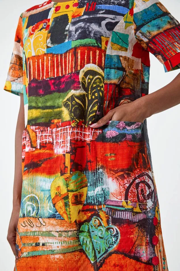 Red Abstract Print Pocket Shift Dress Women Roman Dresses
