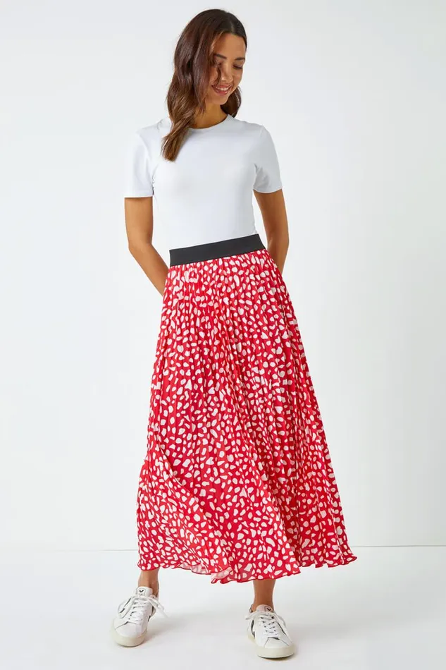 Red Abstract Spot Pleated Midi Skirt Women Roman Skirts