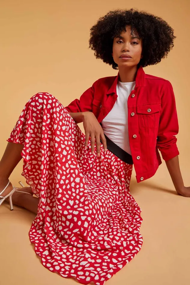 Red Abstract Spot Pleated Midi Skirt Women Roman Skirts