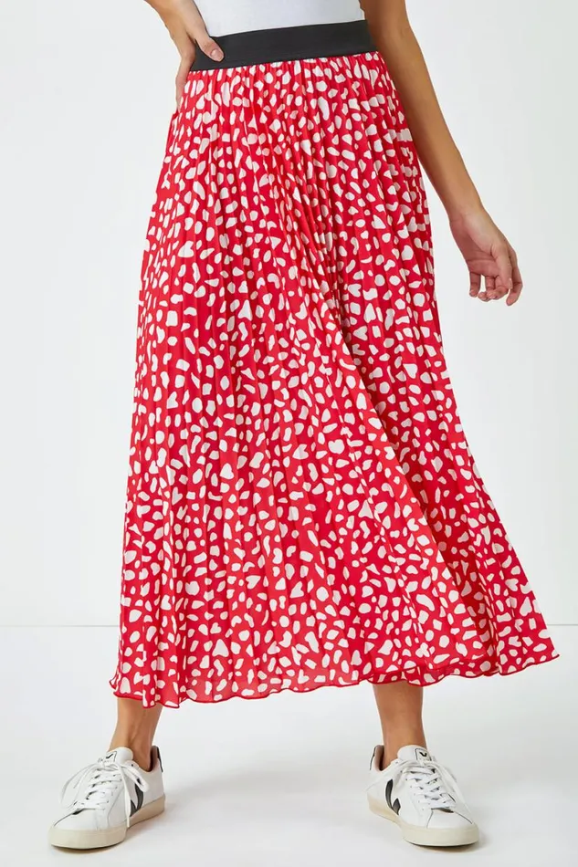 Red Abstract Spot Pleated Midi Skirt Women Roman Skirts