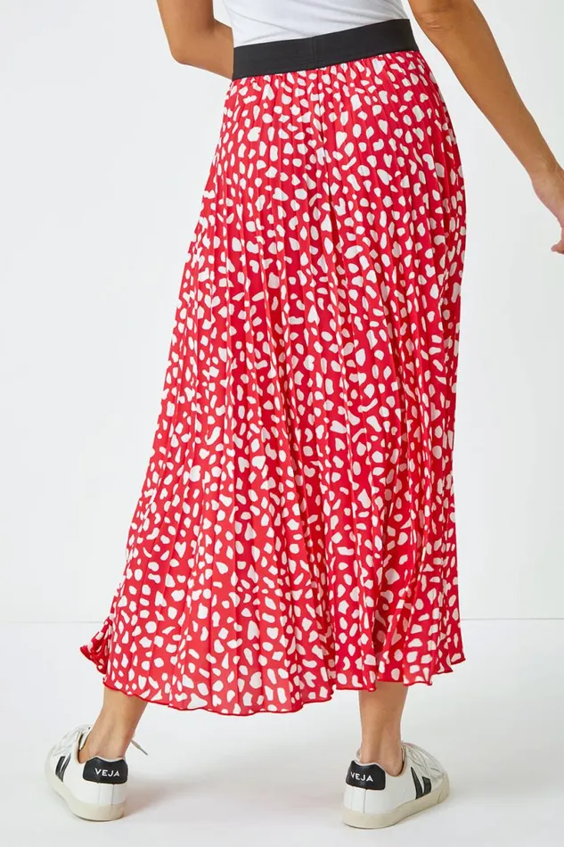 Red Abstract Spot Pleated Midi Skirt Women Roman Skirts