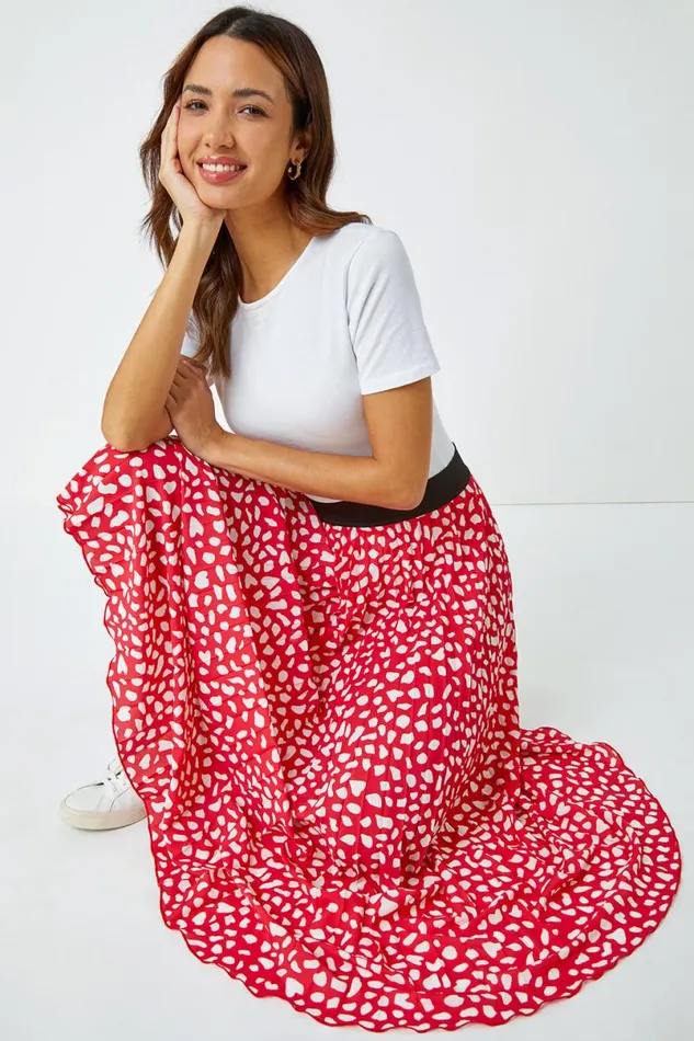 Red Abstract Spot Pleated Midi Skirt Women Roman Skirts