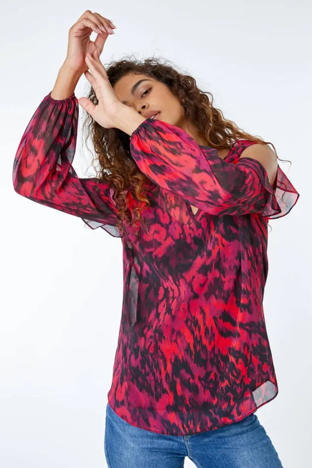 Red Animal Cold Shoulder Chiffon Frill Top Women Roman Tops