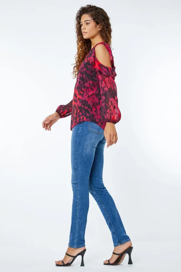 Red Animal Cold Shoulder Chiffon Frill Top Women Roman Tops