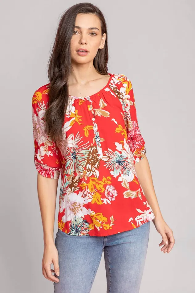 Red Bold Floral Print Button Top Women Roman Tops